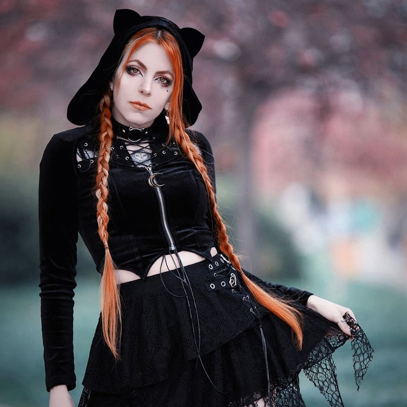 Dark Kitten black hooded sweater and lace skirt separates shown together in a front outfit with a separate camisole.