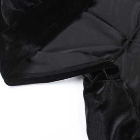 Dark Kitten black hooded sweater and lace skirt separates showing the inside seam of the hood.