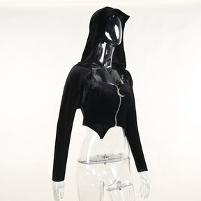 Dark Kitten black hooded sweater and lace skirt separates displayed at an angle with a separate camisole.