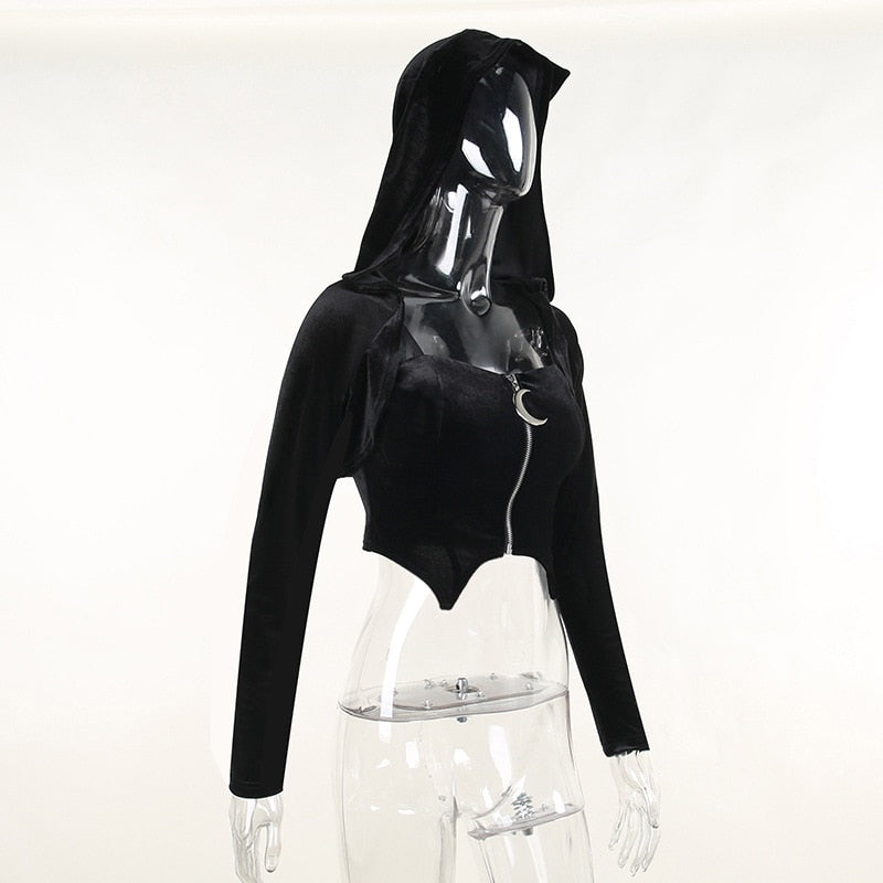 Dark Kitten black hooded sweater and lace skirt separates displayed at an angle with a separate camisole.