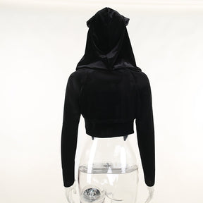 Dark Kitten black hooded sweater and lace skirt separates shown from the back with the hood raised.