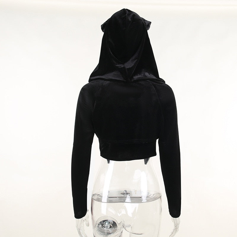 Dark Kitten black hooded sweater and lace skirt separates shown from the back with the hood raised.