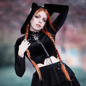 Dark Kitten black hooded sweater and lace skirt separates shown in a wider front top view.