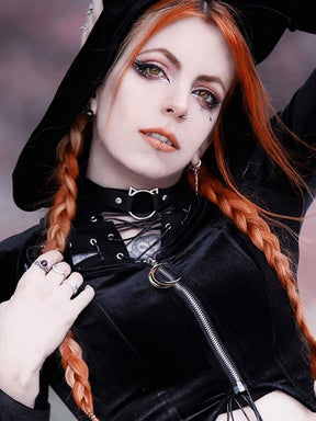 Dark Kitten black hooded sweater and lace skirt separates shown in a close layered chest view with a separate camisole.