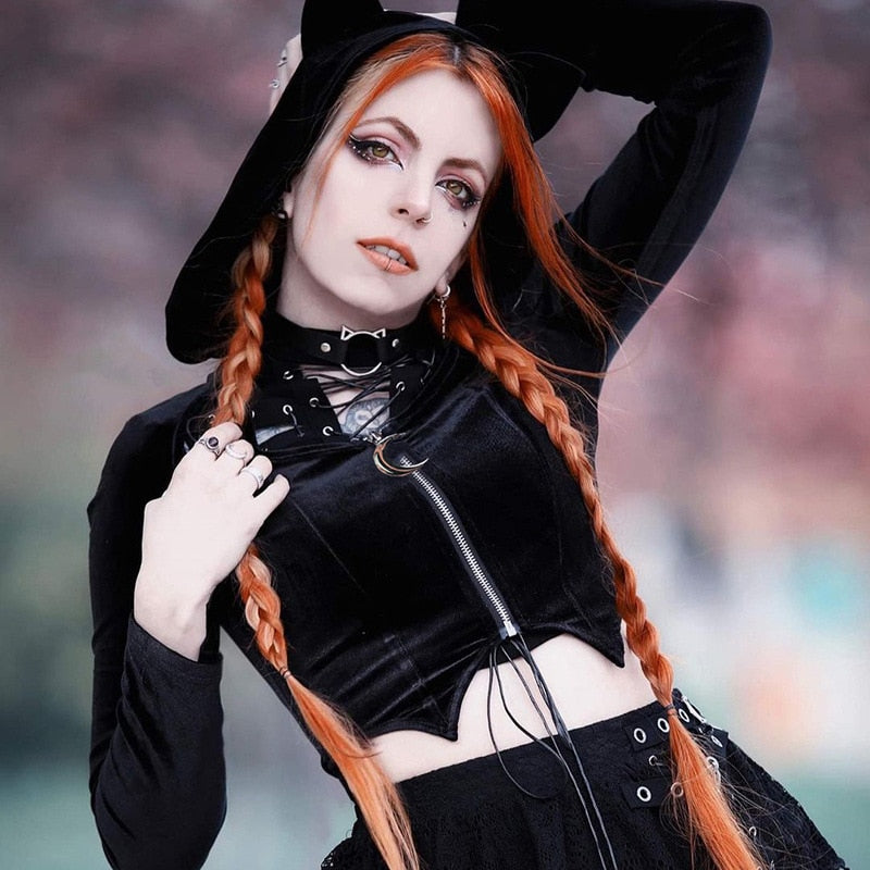 Dark Kitten black hooded sweater and lace skirt separates shown with the cat-ear hood and one arm raised.