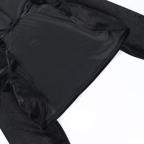 Dark Kitten black hooded sweater and lace skirt separates showing the inside back of the hooded shrug.