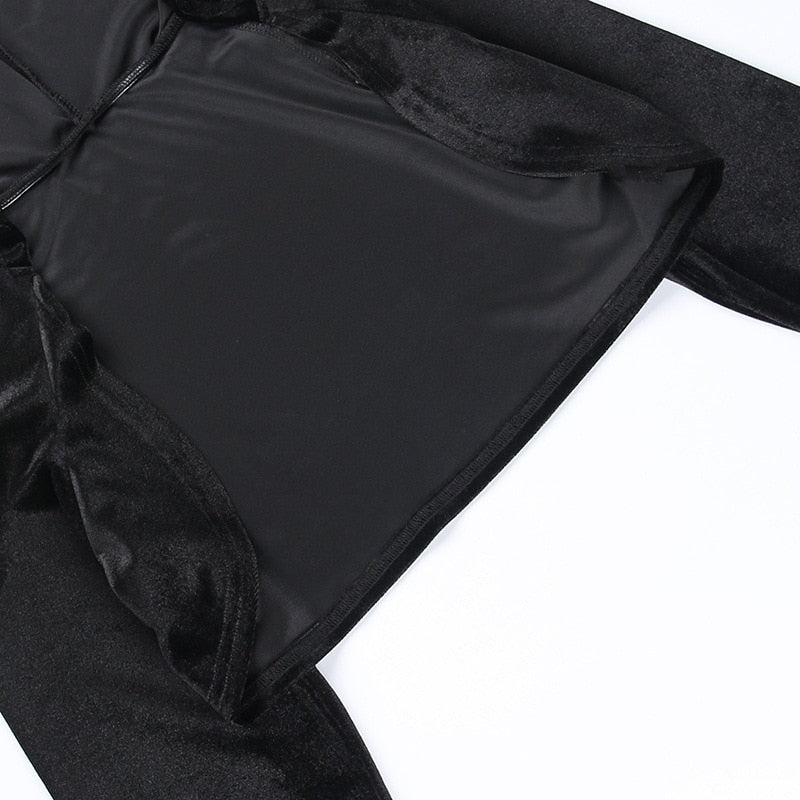 Dark Kitten black hooded sweater and lace skirt separates showing the inside back of the hooded shrug.