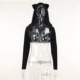 Dark Kitten black hooded sweater and lace skirt separates showing the hooded long-sleeve shrug alone on a mannequin.
