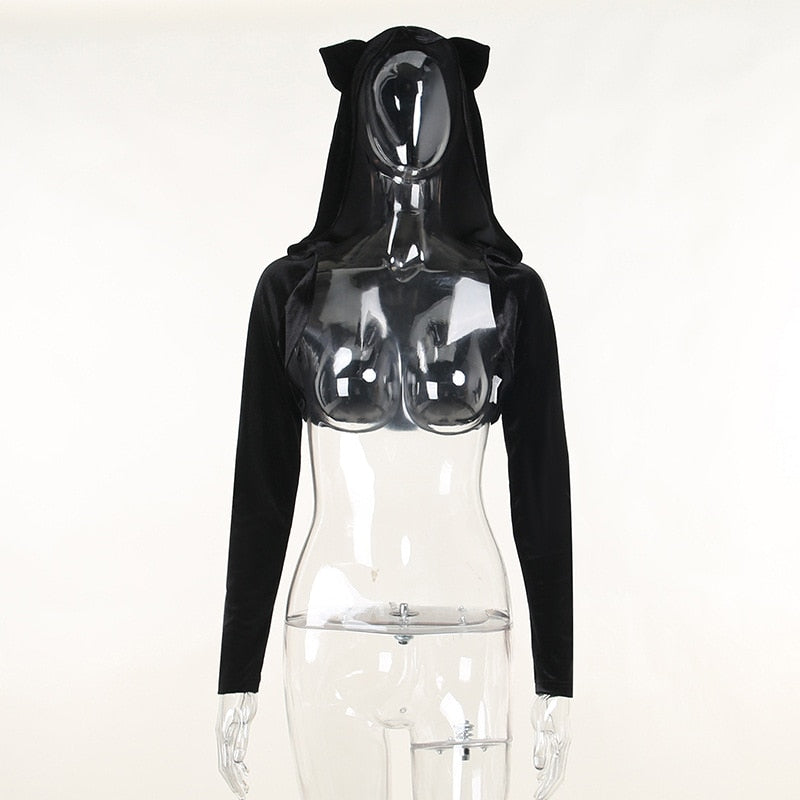 Dark Kitten black hooded sweater and lace skirt separates showing the hooded long-sleeve shrug alone on a mannequin.