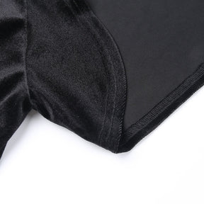Dark Kitten black hooded sweater and lace skirt separates with a close view of the shrug seam edge.