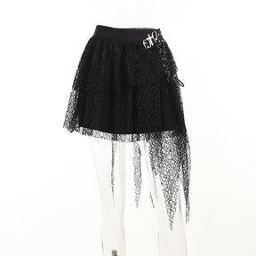 Dark Kitten black hooded sweater and lace skirt separates showing the lace skirt at an angle.