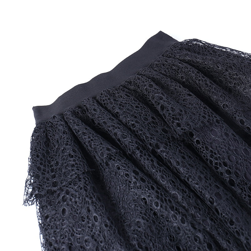 Dark Kitten black hooded sweater and lace skirt separates showing the skirt back waist and lace.