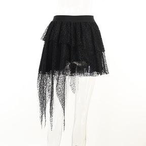Dark Kitten black hooded sweater and lace skirt separates showing the back of the lace skirt.