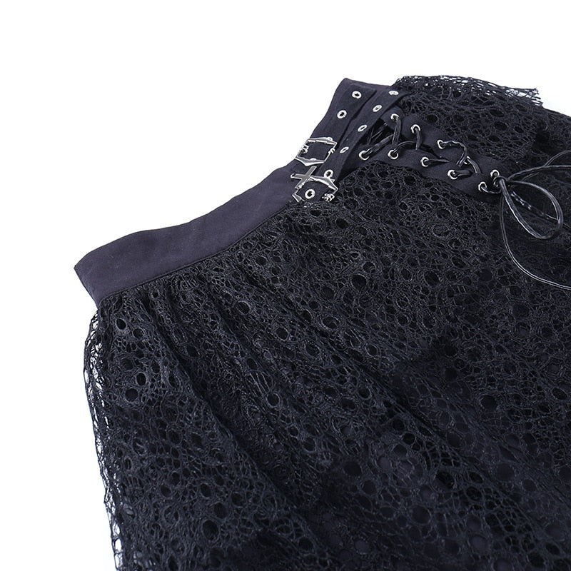 Dark Kitten black hooded sweater and lace skirt separates with a close view of the skirt buckles and lace.