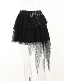 Dark Kitten black hooded sweater and lace skirt separates showing the asymmetric skirt in a front display view.