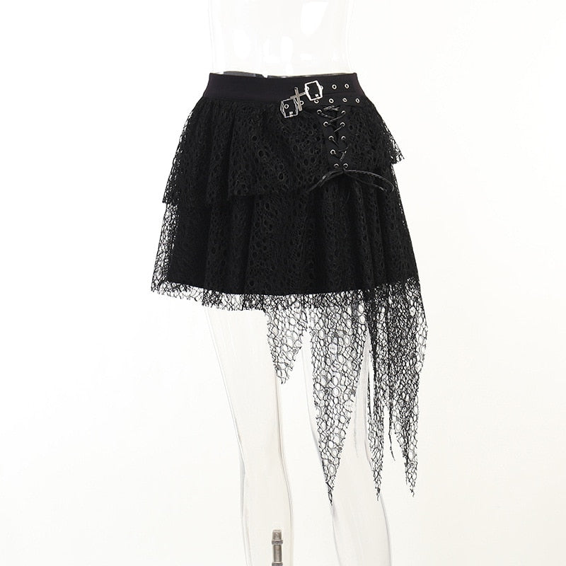 Dark Kitten black hooded sweater and lace skirt separates showing the lace skirt from the front.