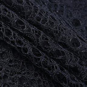 Dark Kitten black hooded sweater and lace skirt separates with a close view of the textured black skirt lace.