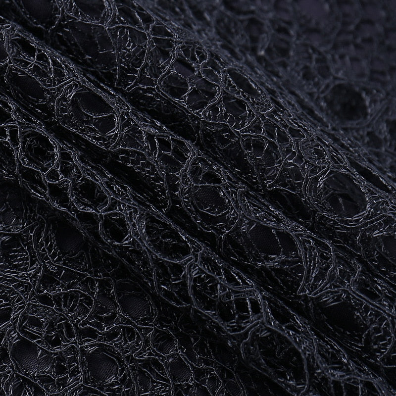 Dark Kitten black hooded sweater and lace skirt separates with a close view of the textured black skirt lace.