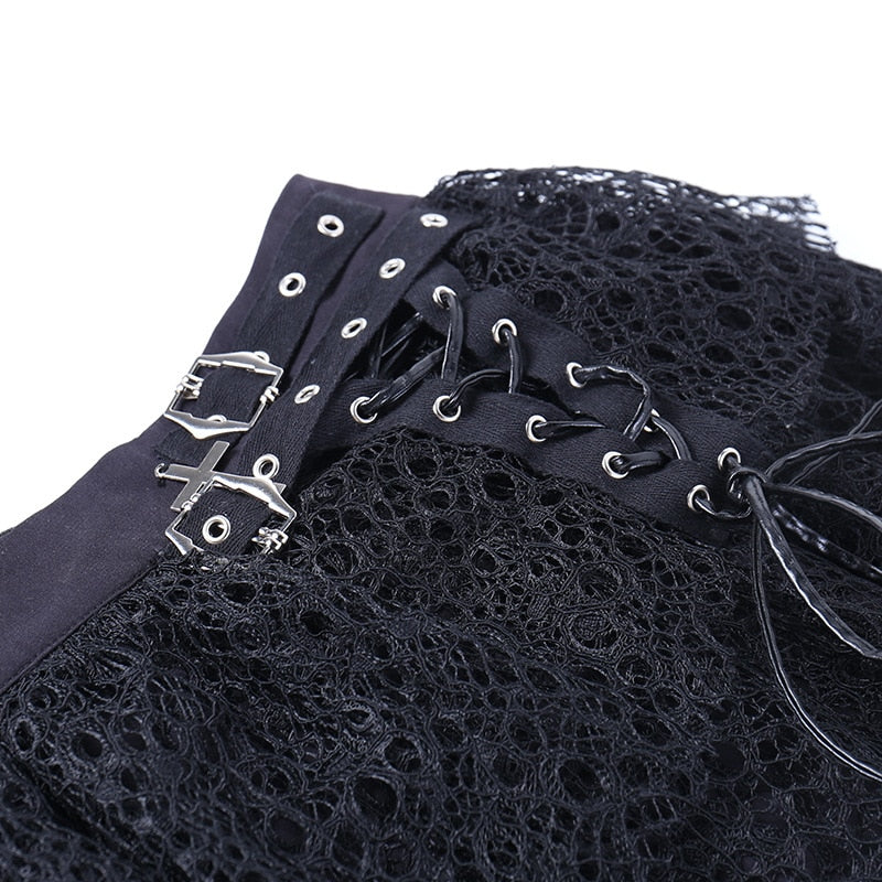 Dark Kitten black hooded sweater and lace skirt separates showing the skirt eyelet lacing and two buckles.