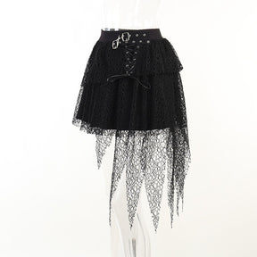 Dark Kitten black hooded sweater and lace skirt separates showing the lace skirt in profile.