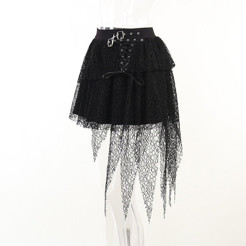 Dark Kitten black hooded sweater and lace skirt separates showing the lace skirt in profile.