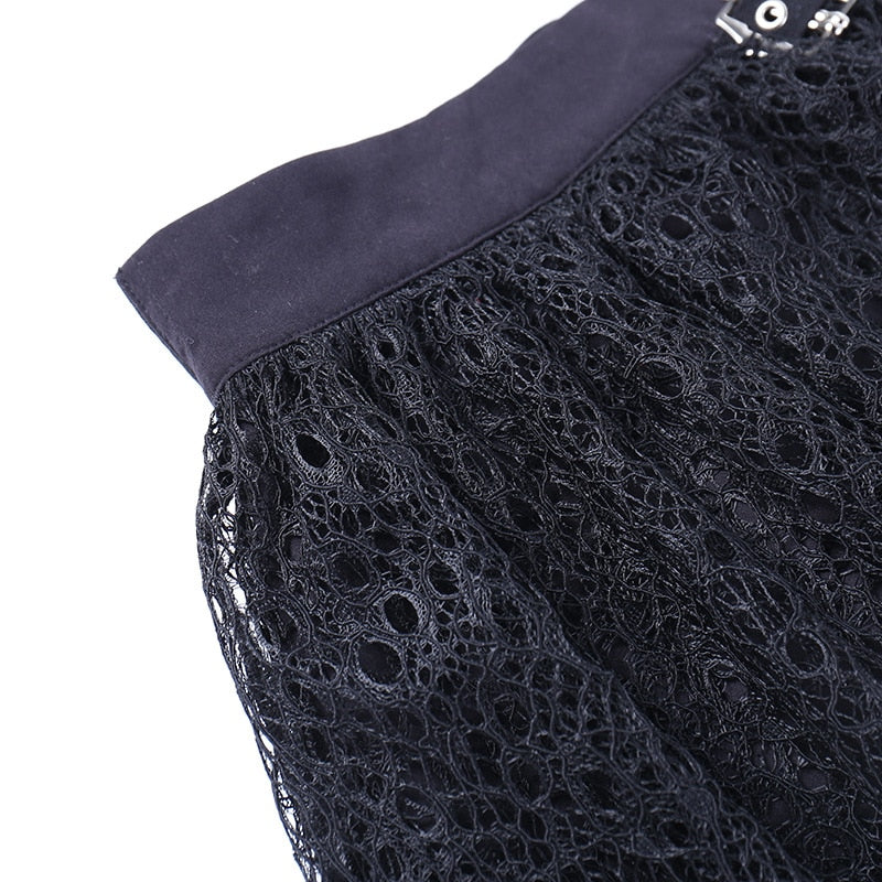 Dark Kitten black hooded sweater and lace skirt separates with a close view of the skirt waist and lace.