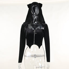 Dark Kitten black hooded sweater and lace skirt separates displayed as a layered top arrangement on a mannequin.
