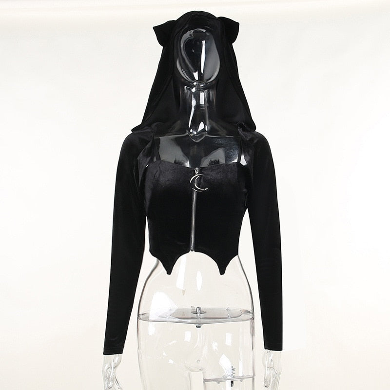 Dark Kitten black hooded sweater and lace skirt separates displayed as a layered top arrangement on a mannequin.