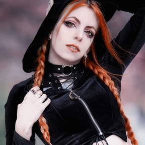Dark Kitten black hooded sweater and lace skirt separates shown in a cropped upper outfit view.