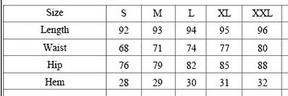 Size chart for destroyed punk skinny pants in S, M, L, XL and XXL, listing length, waist, hip and hem measurements.