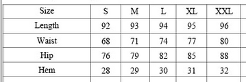 Size chart for destroyed punk skinny pants in S, M, L, XL and XXL, listing length, waist, hip and hem measurements.