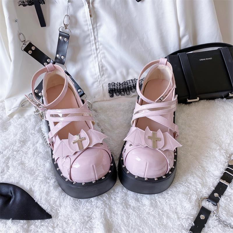 Pink & Black Aesthetic Sandals with Bat Heart Straps