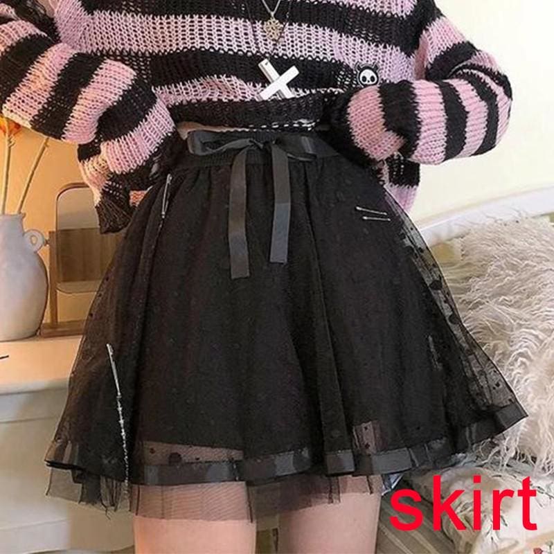 Black dotted skirt with a sheer outer layer and a large waist bow, styled under a pink striped sweater. Red text identifies the skirt-only option.