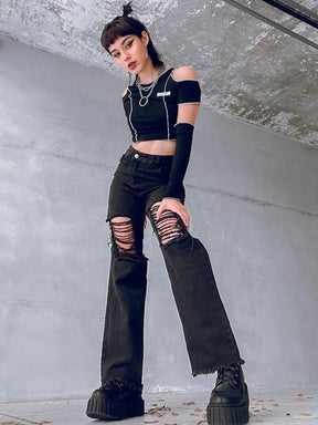 Distressed Y2K Flare High Waisted Jeans - jeans 90s, bell bottoms, denim, jeans, pants Pants