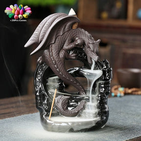 Dragon’s Breath incense burner shown with flowing smoke and a small inset indicating the included 20 incense cones.