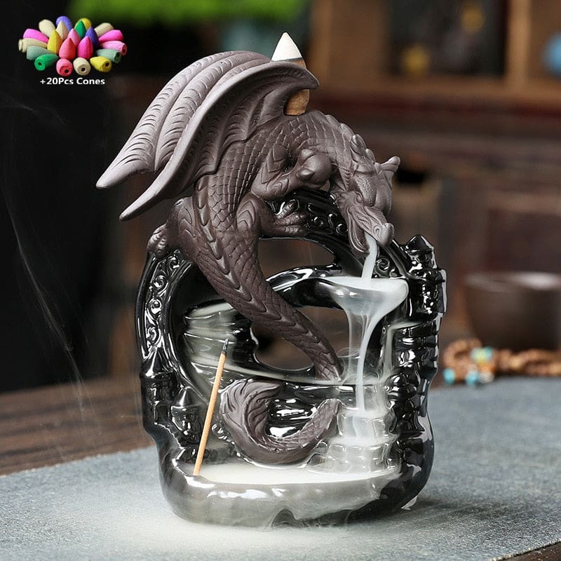 Dragon’s Breath incense burner shown with flowing smoke and a small inset indicating the included 20 incense cones.