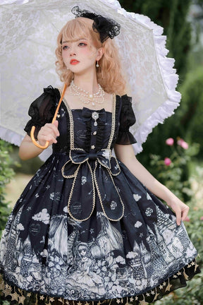 Dragon Slayer Gothic Lolita Dress - Black - anime, anime girl, castle, castles, dragon