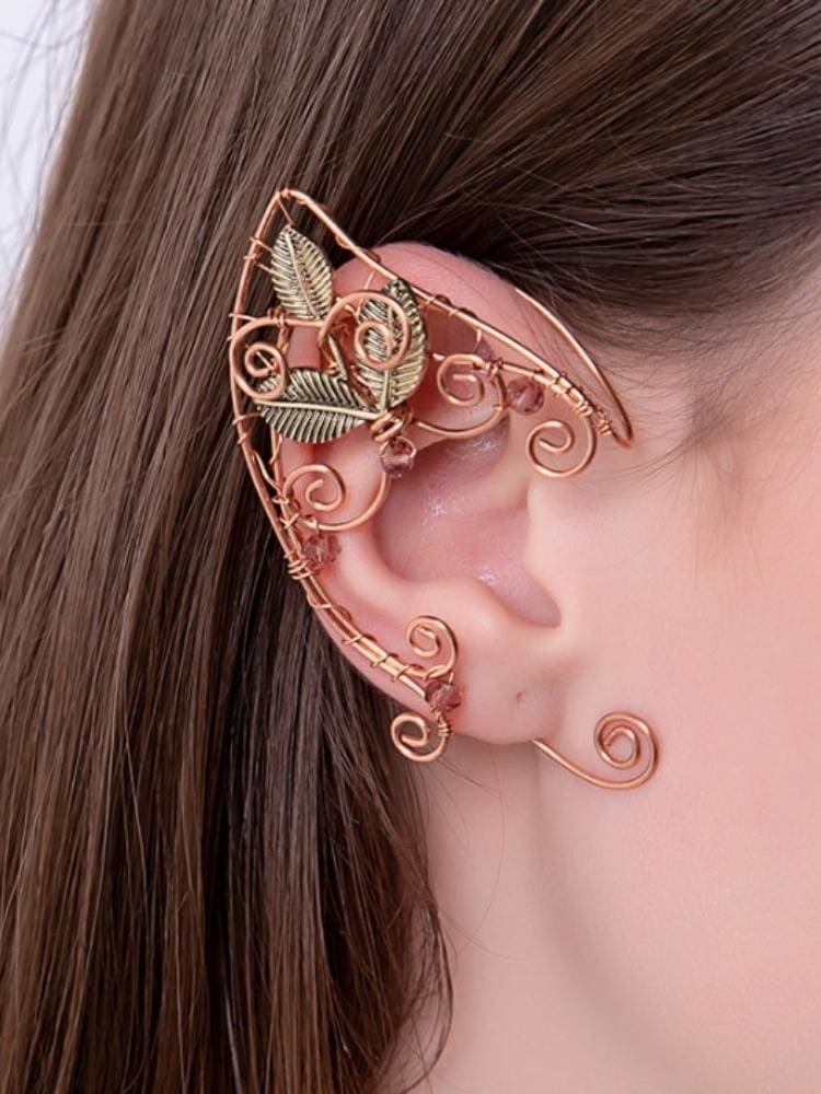Copper leaf elf ear cuff worn