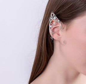 Silver pearl-like bead elf ear cuff worn