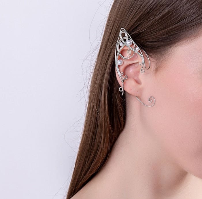 Silver pearl-like bead elf ear cuff worn