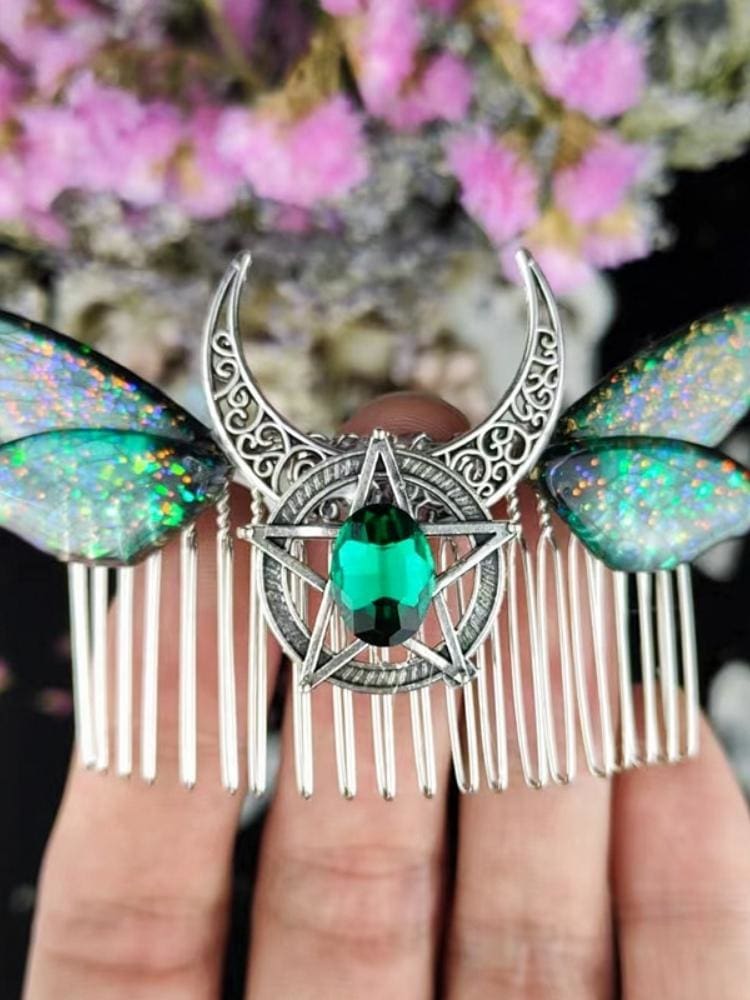 Emerald Butterfly Moon Hair Comb - hair accessory