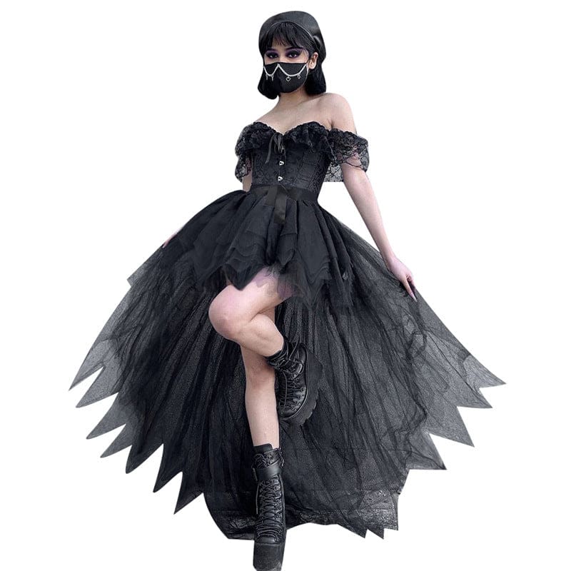 Model cutout against white wearing the black high-low tutu skirt with one leg lifted, revealing the short front and long back layers.