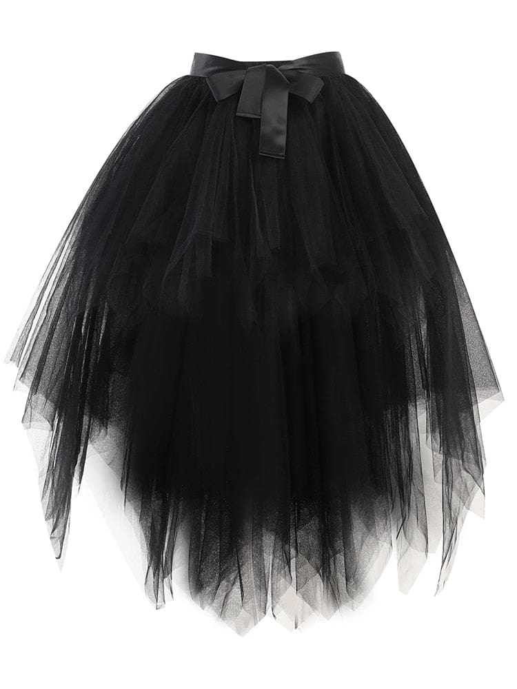 Black fairy grunge tutu skirt isolated against white, with a large waist bow and multiple pointed mesh layers.