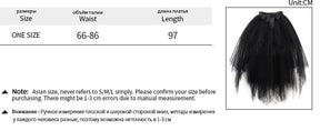 Size chart for the fairy grunge tutu skirt showing a One Size waist range of 66–86cm and length of 97cm beside the black skirt.