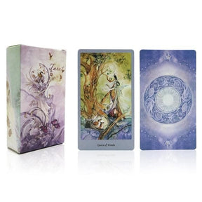 Illustrated tarot deck box beside a card with a violet circular pattern on its back.