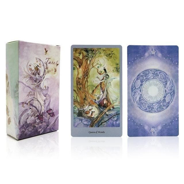 Illustrated tarot deck box beside a card with a violet circular pattern on its back.