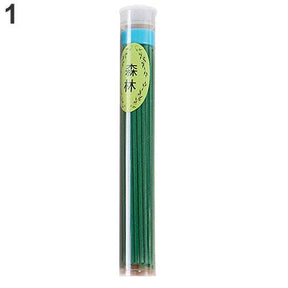 Green forest-scented incense sticks in a clear tube with a green label and white cap.