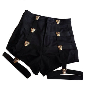 black goth punk rock shorts with garter belts built in brass tiger buckles sexy fetish high waisted jean shorts punk fashion by kawaii babe