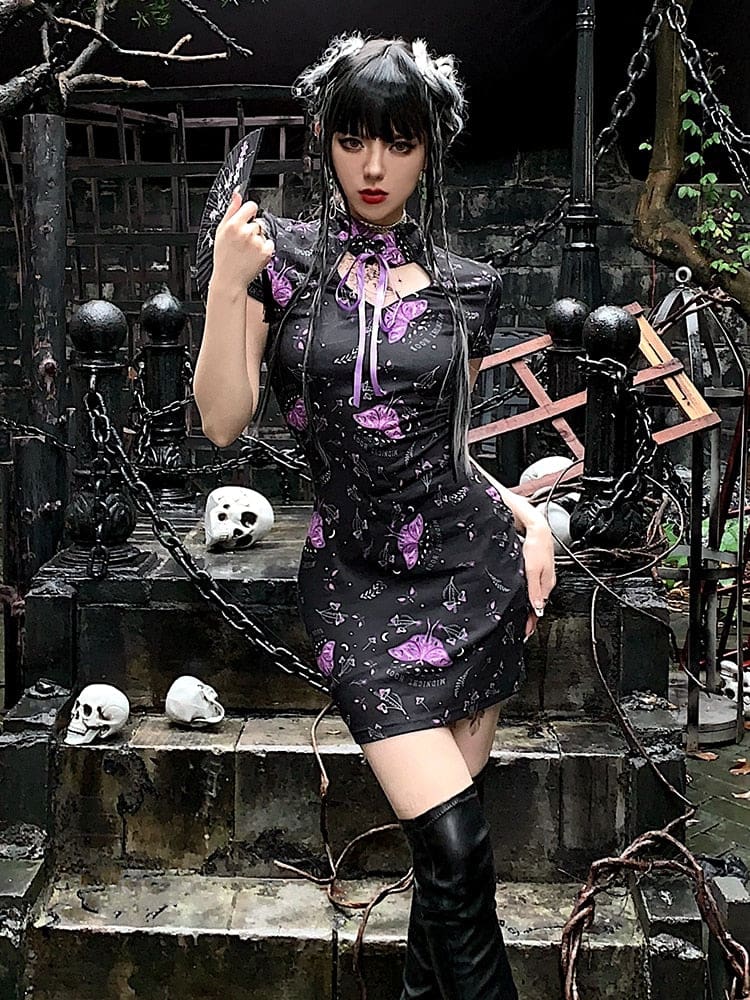 Goth Moth Cheongsam Dress - dress