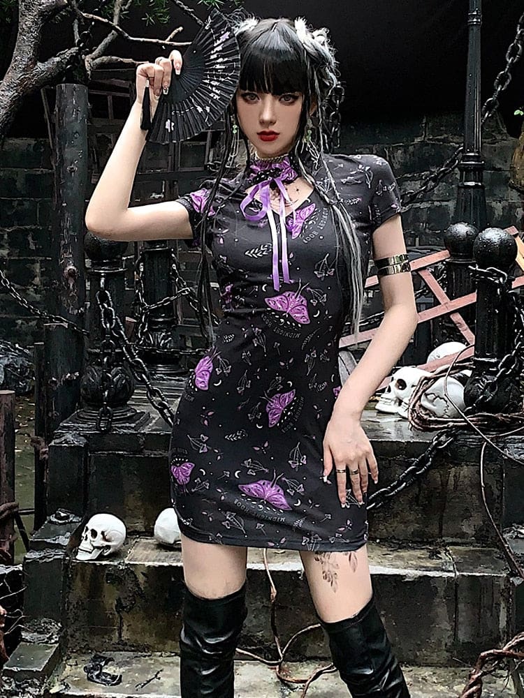 Goth Moth Cheongsam Dress - S - dress